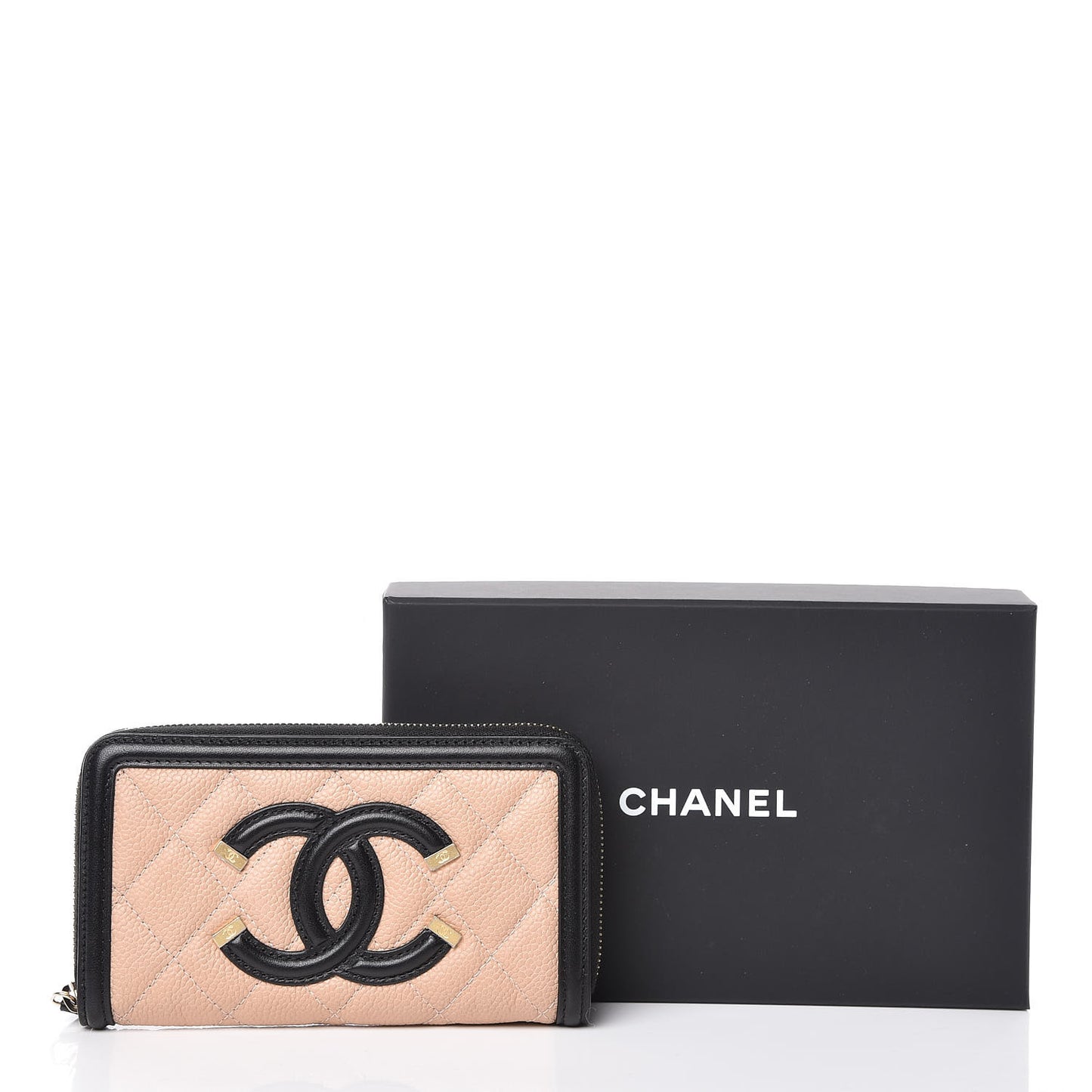 Caviar Quilted Small Filigree Zip Around Wallet Beige Black