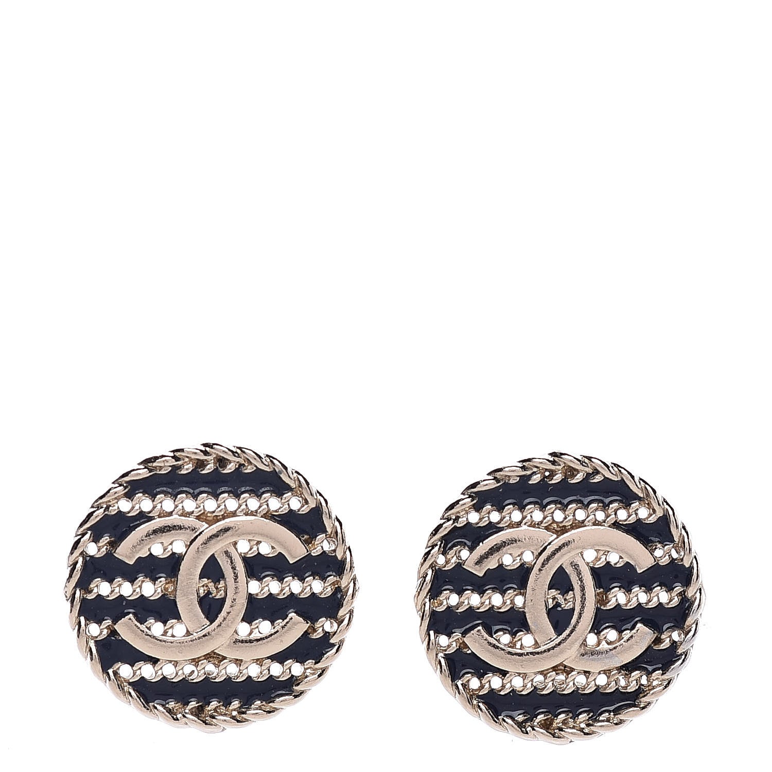 Chanel Metal Chain CC Round Earrings Gold Blue 1 of 5
