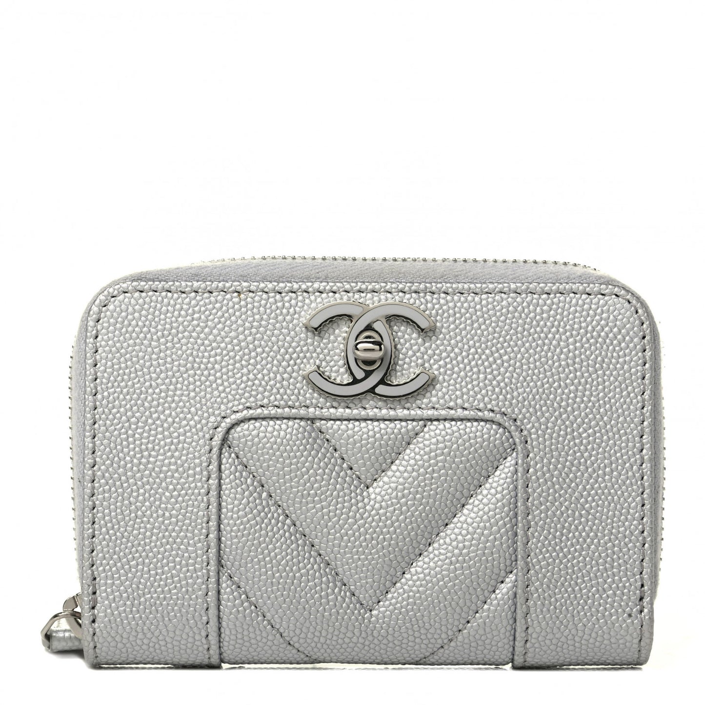 Metallic Caviar Chevron Quilted Vintage Mademoiselle Zip Coin Purse Silver