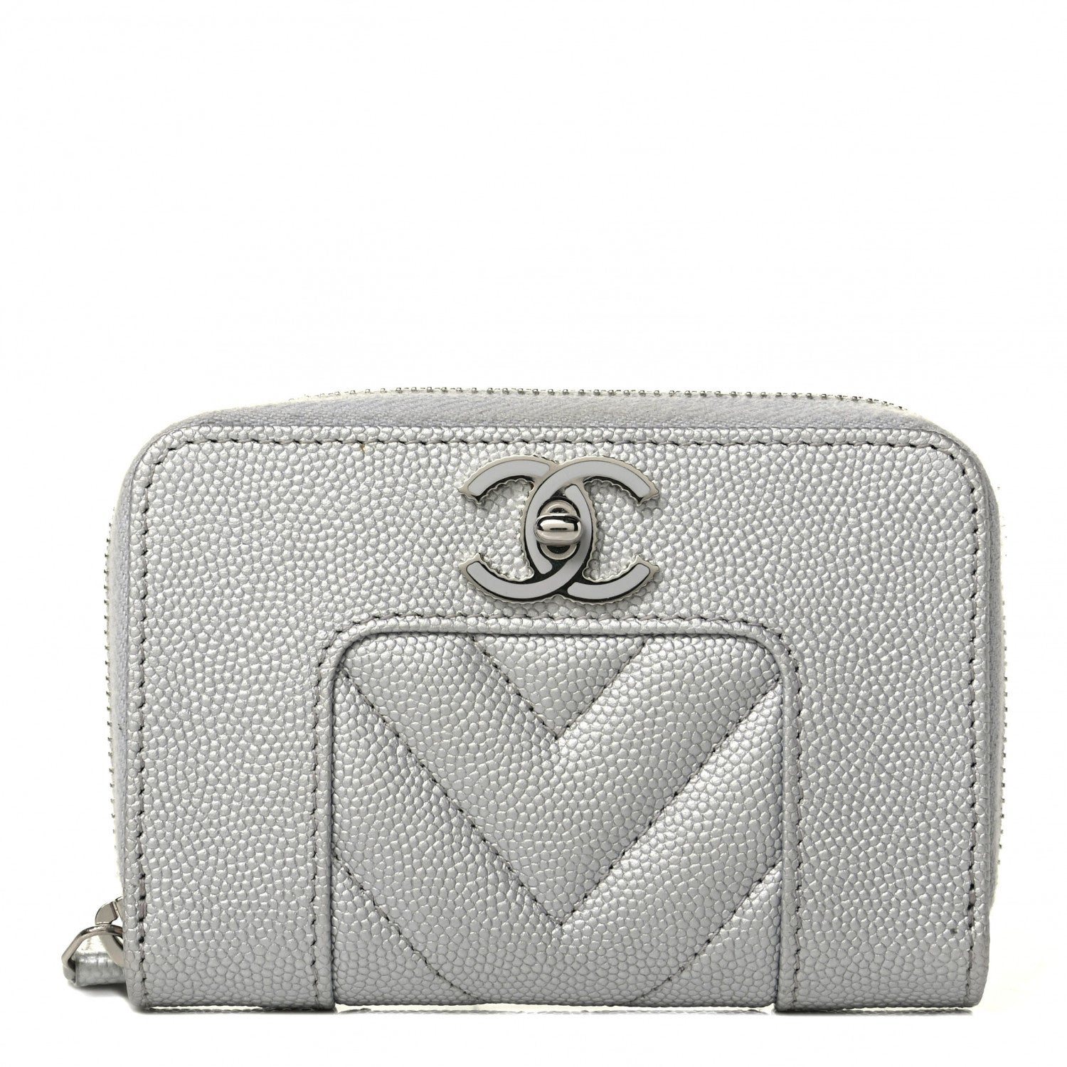 Chanel Metallic Caviar Chevron Quilted Vintage Mademoiselle Zip Coin Purse Silver 1 of 4