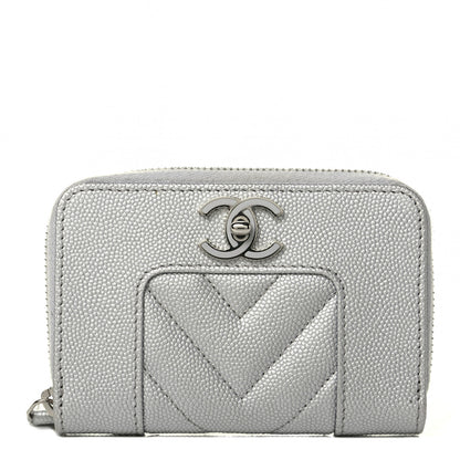 Chanel Metallic Caviar Chevron Quilted Vintage Mademoiselle Zip Coin Purse Silver 1 of 4