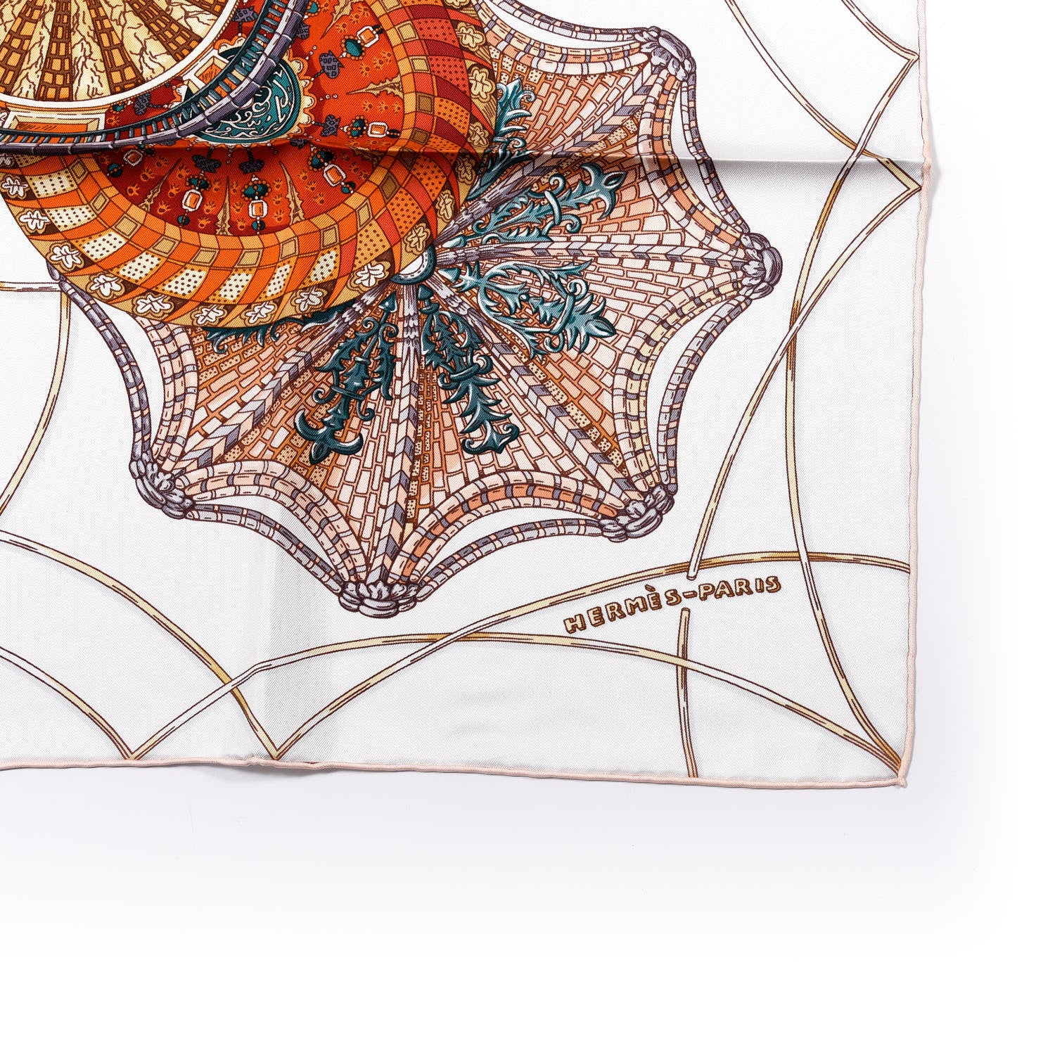 Hermes Silk Les Domes Celestes Scarf 90 Gris Perles Orange Brun