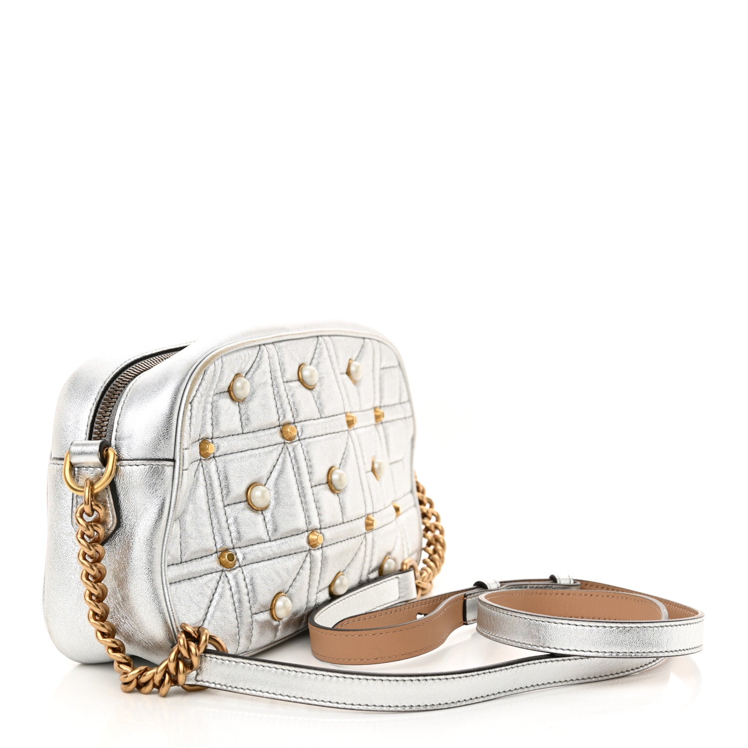Gucci Metallic Calfskin Matelasse Studded Small Pearly GG Marmont Chain Shoulder Bag Silver 3 of 14