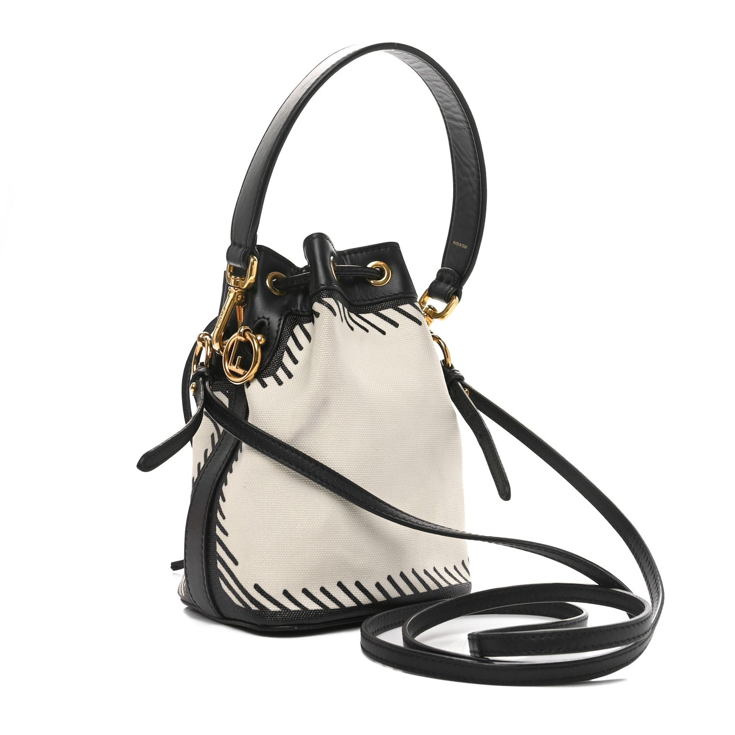 X JOSHUA VIDES Canvas Calfskin F is Fendi Mini Mon Tresor Bucket Bag White Black