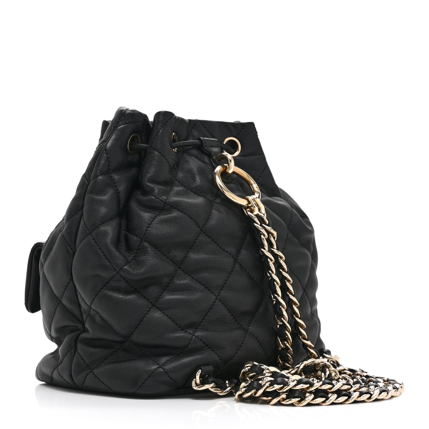Lambskin Quilted Double Pocket Drawstring Backpack Black