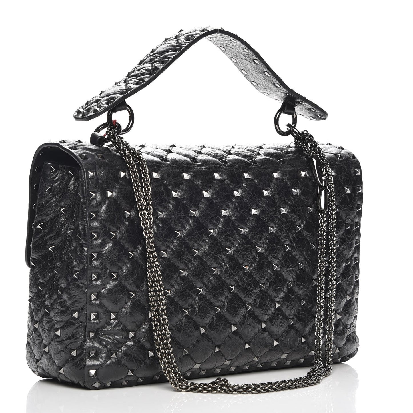 Craquele Nappa Large Rockstud Spike Shoulder Bag Nero Black