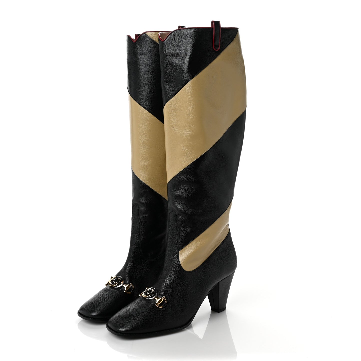 Calfskin Wrinkled Kid Diagonal Striped Zumi Knee Boots 38.5 Black Beige Romantic Cherry