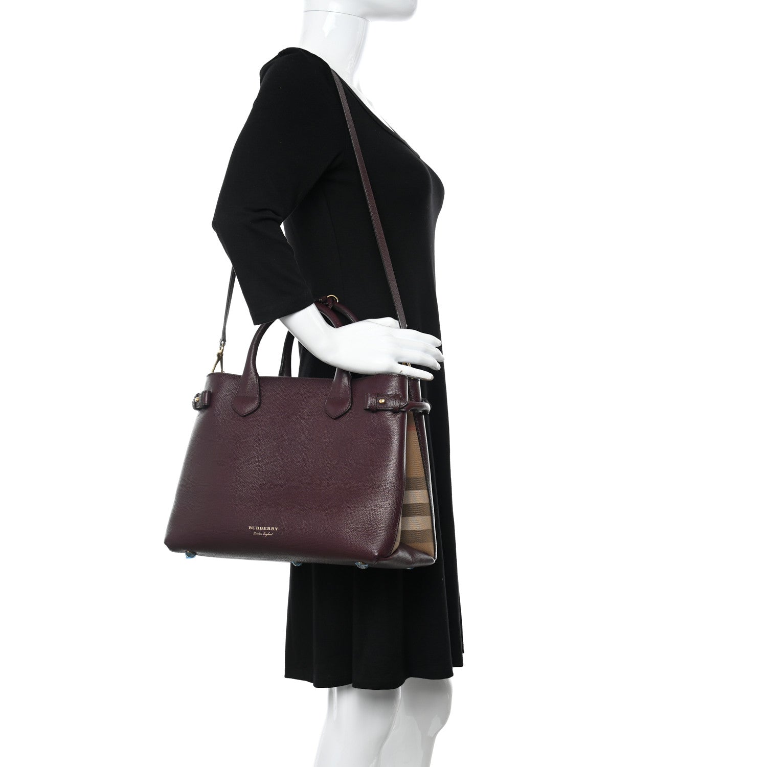 Burberry Grainy Calfskin House Check Medium Banner Tote Mahogany Red 2 of 9