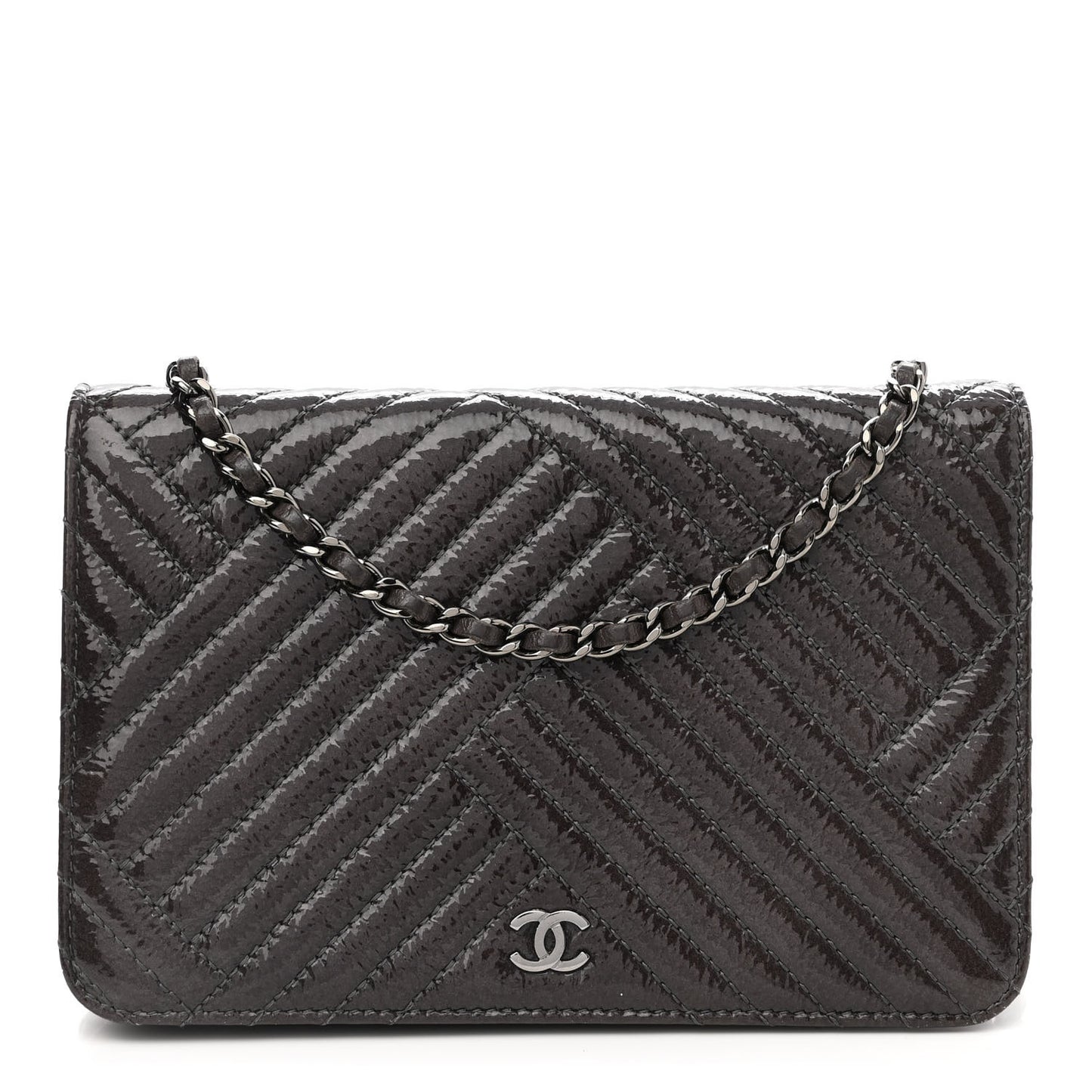 Distressed Patent Chevron Quilted CC Crossing Wallet On Chain WOC Grey