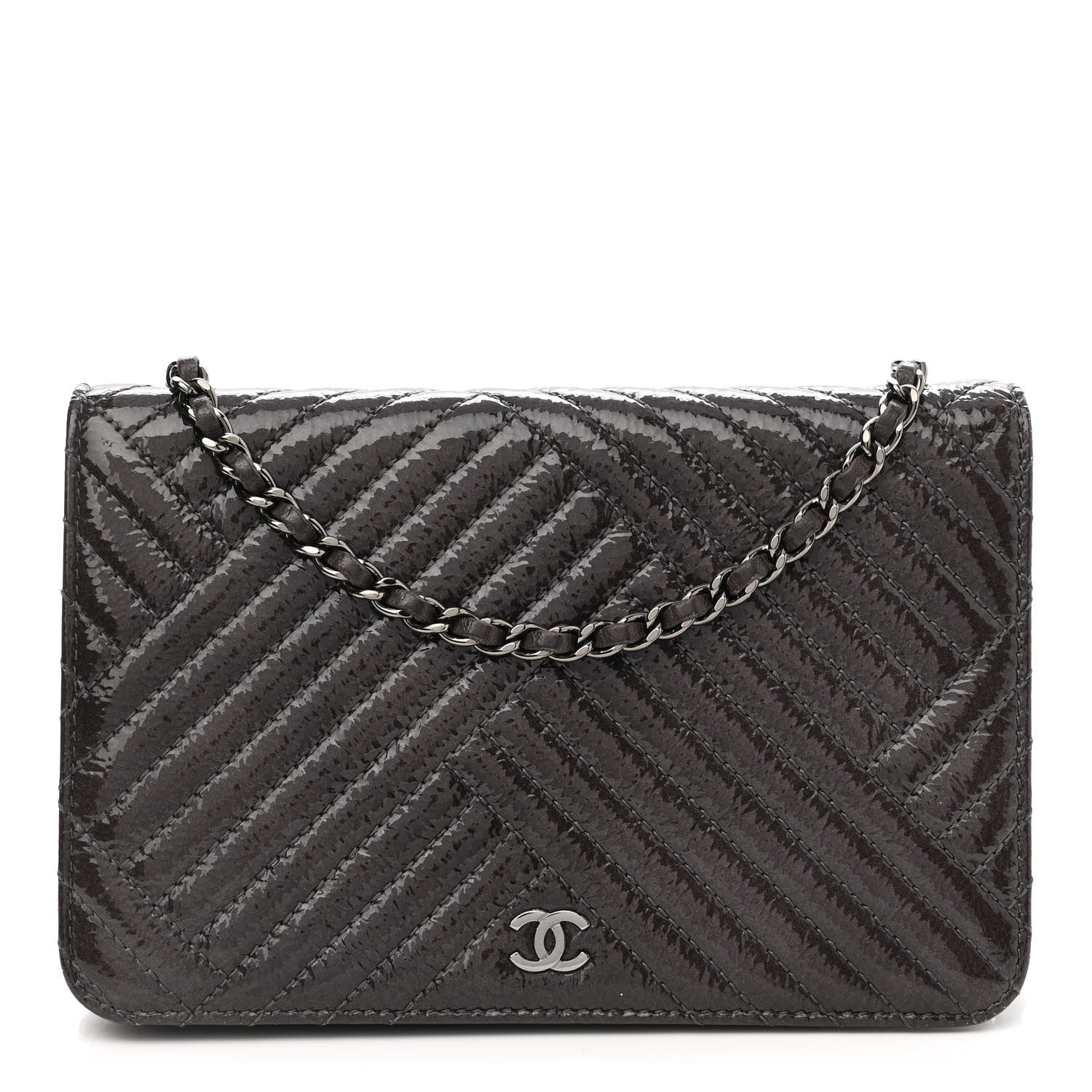 Chanel Distressed Patent Chevron Quilted CC Crossing Wallet On Chain WOC Grey 1 of 14