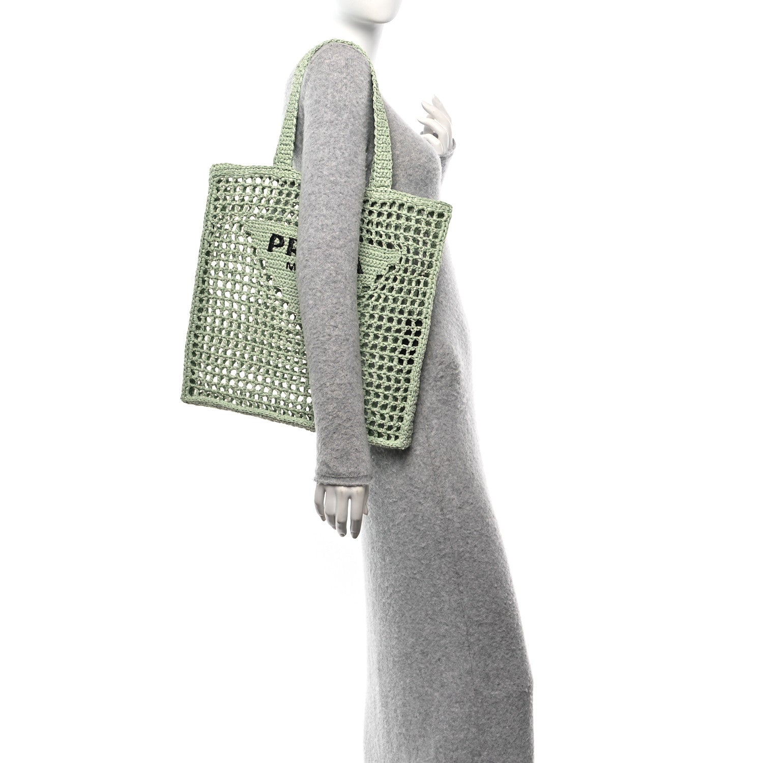 Prada Yarn Raffia Effect Crochet Logo Embroidered Tote Bag Acqua 2 of 10