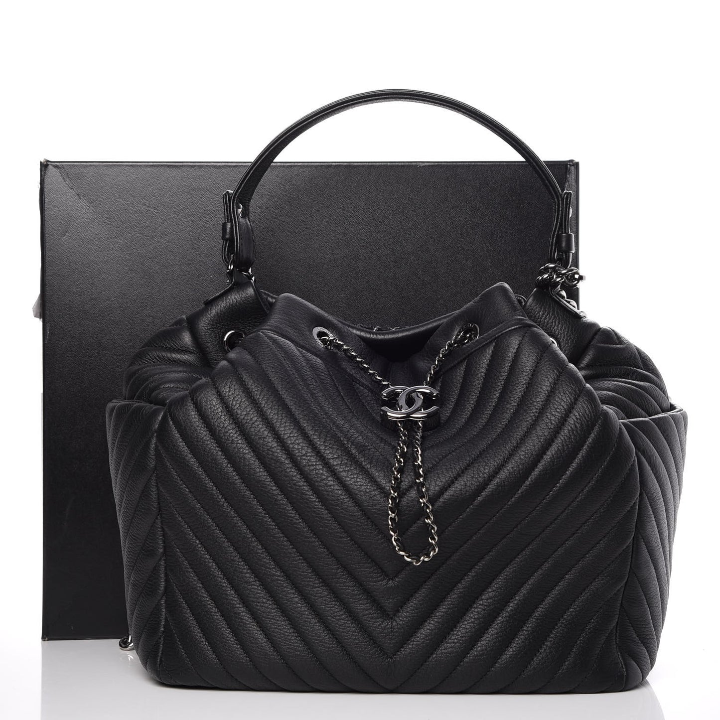 Deerskin Chevron Large CC Chain Bucket Drawstring Bag Black