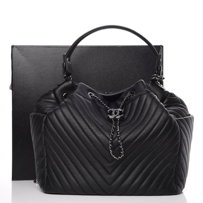 Chanel Deerskin Chevron Large CC Chain Bucket Drawstring Bag Black 9 of 9