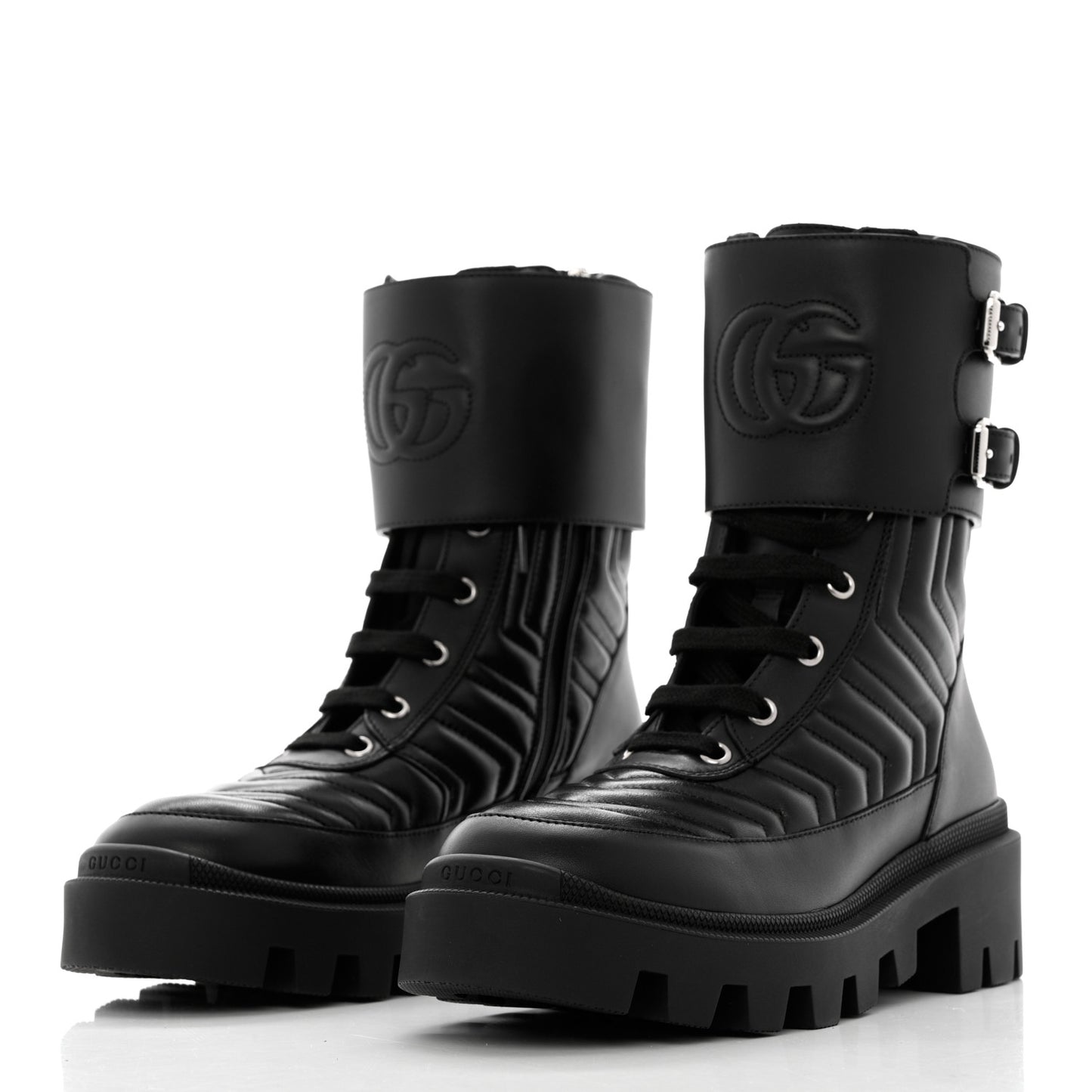 Nappa Frances GG Matelasse Platform Combat Boots 36 Black