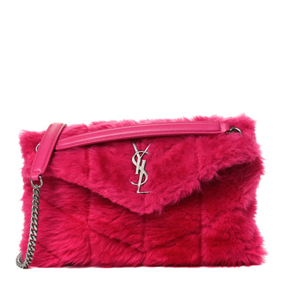 Saint Laurent Merino Shearling Lambskin Quilted Small Loulou Puffer Monogram Chain Satchel Fuchsia 1 of 15