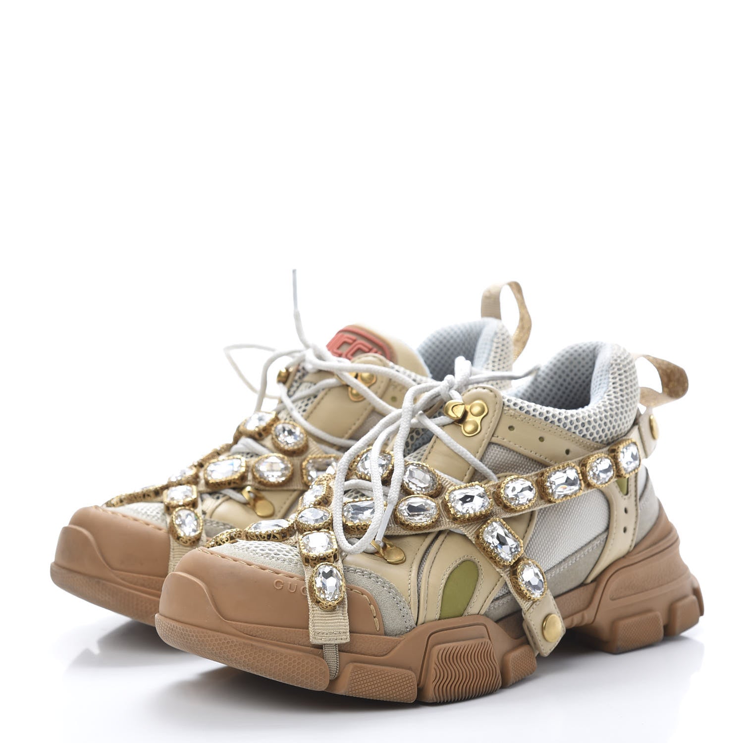 Gucci X SEGA Mesh Canvas Calfskin Removable Crystals Flashtrek Sneakers 39.5 Mystic White Oatmeal Sand Storm 3 of 11