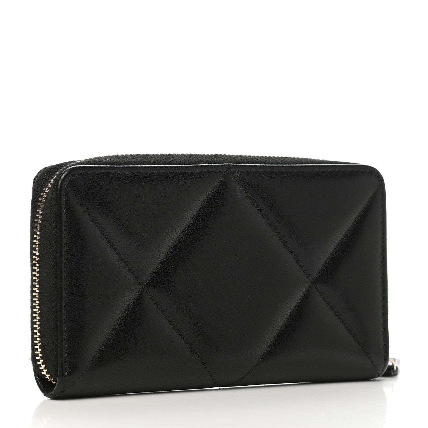 Shiny Goatskin Quilted Chanel 19 Long Zipped Around Wallet Black