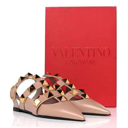 Valentino Garavani Calfskin Roman Stud Ankle Strap Flat Mules 38 Rose Cannelle 9 of 9