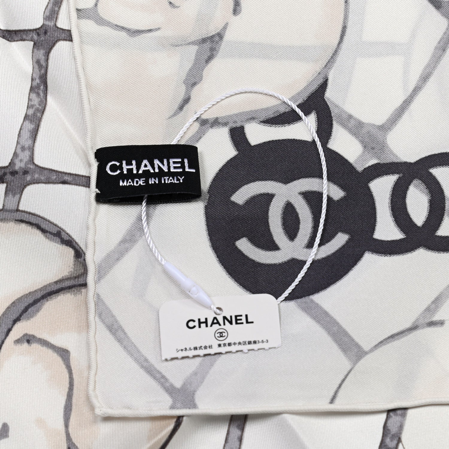 Chanel Silk CC Logo Camellia Scarf White Black 3 of 3