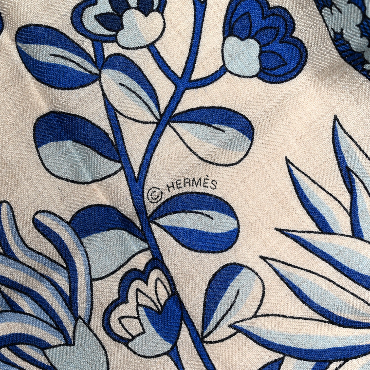 Hermes Cashmere Silk Fleurs et Papillons De Tissus Giant Triangle Scarf Naturel Ciel Marine 4 of 5