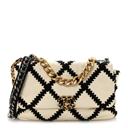 Chanel Calfskin Crochet Large Chanel 19 Flap White Black 1 of 11