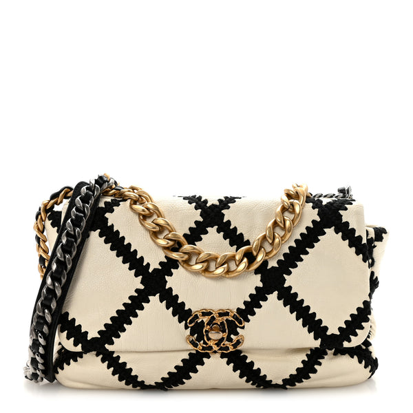 Chanel Calfskin Crochet Large Chanel 19 Flap White Black 1858769