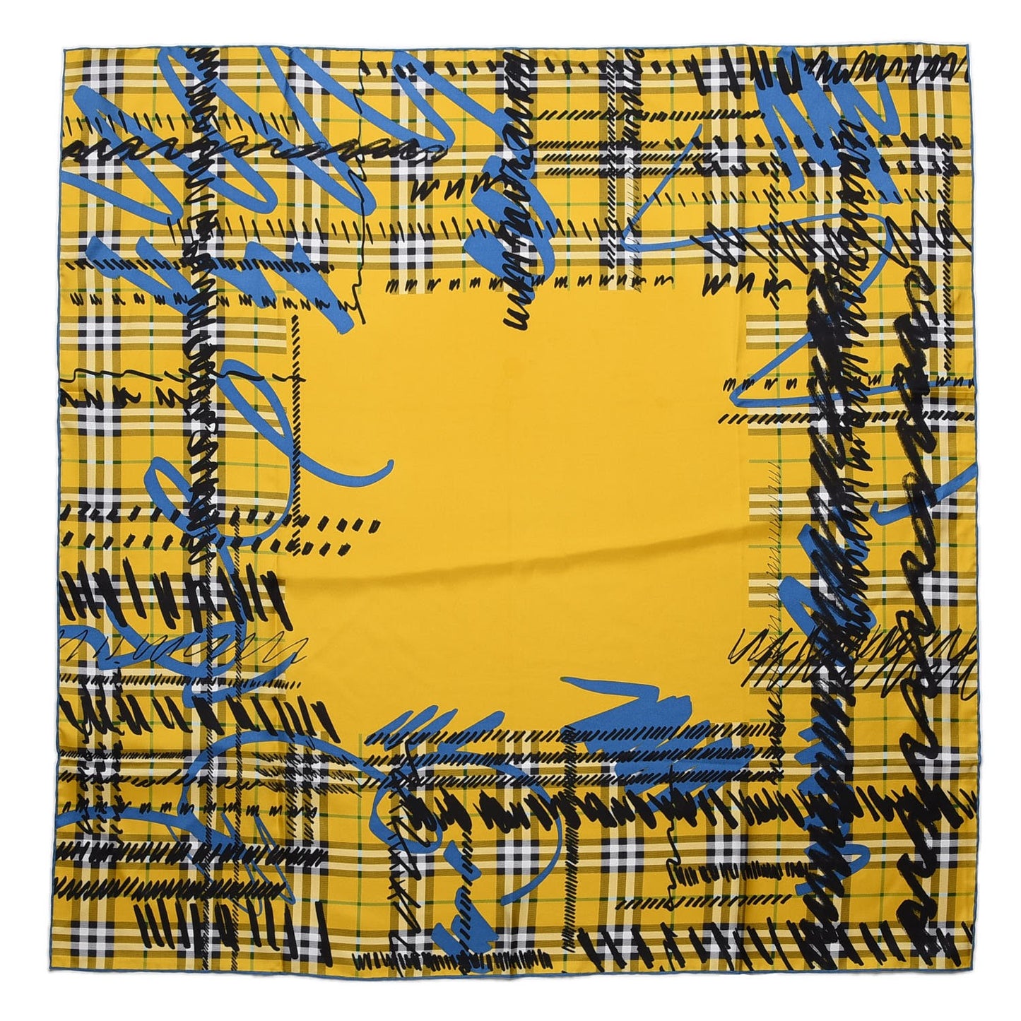 Silk Vintage Check Scribble Print Scarf Bright Yellow