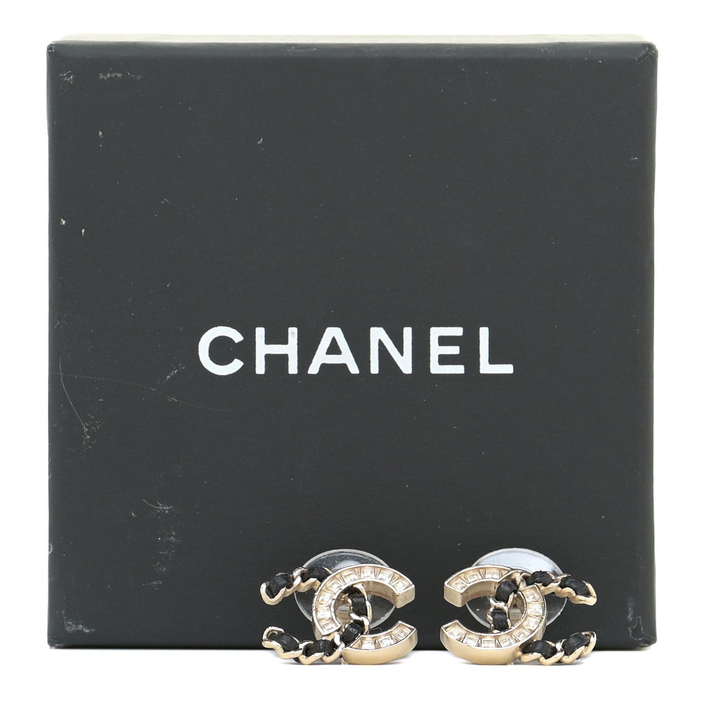 Crystal Baguette Lambskin Chain CC Vintage Allure Stud Earrings Black Gold