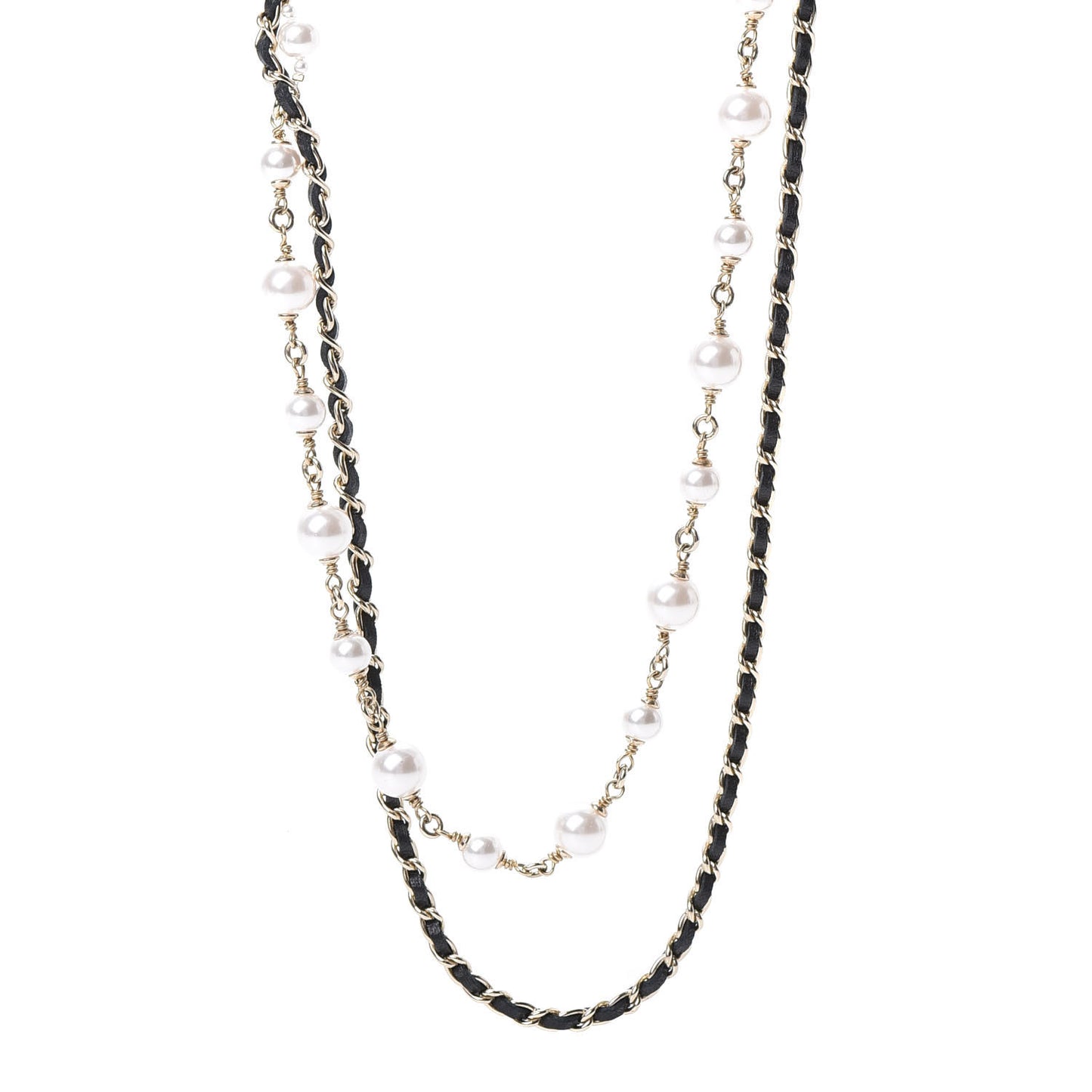 Lambskin Pearl CC Chain Multi Strand Necklace Black Gold