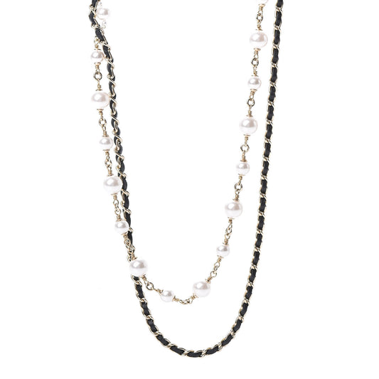Lambskin Pearl CC Chain Multi Strand Necklace Black Gold