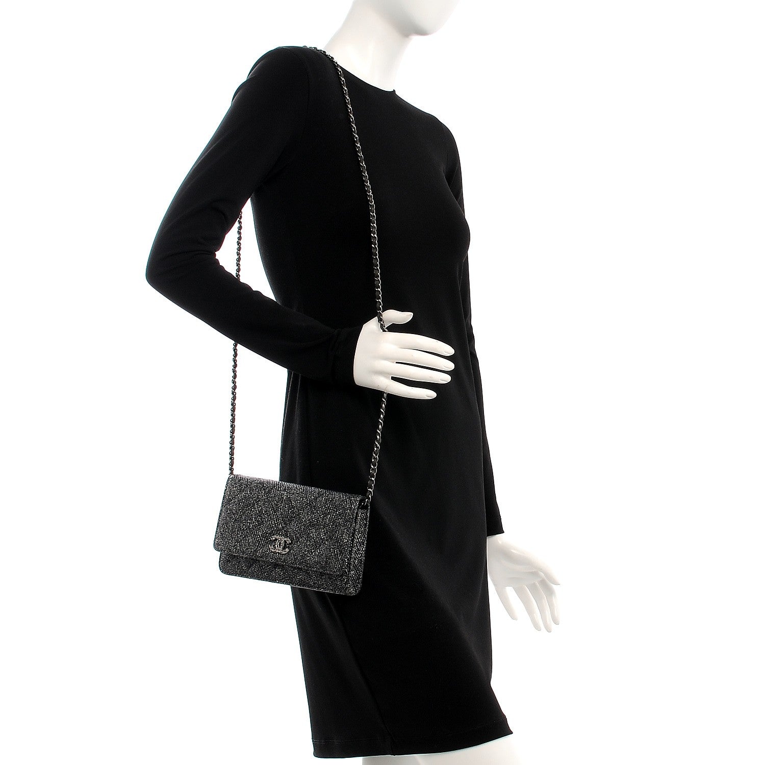 Chanel Glitter Calfskin Quilted Wallet on Chain WOC Black Silver 2 of 9