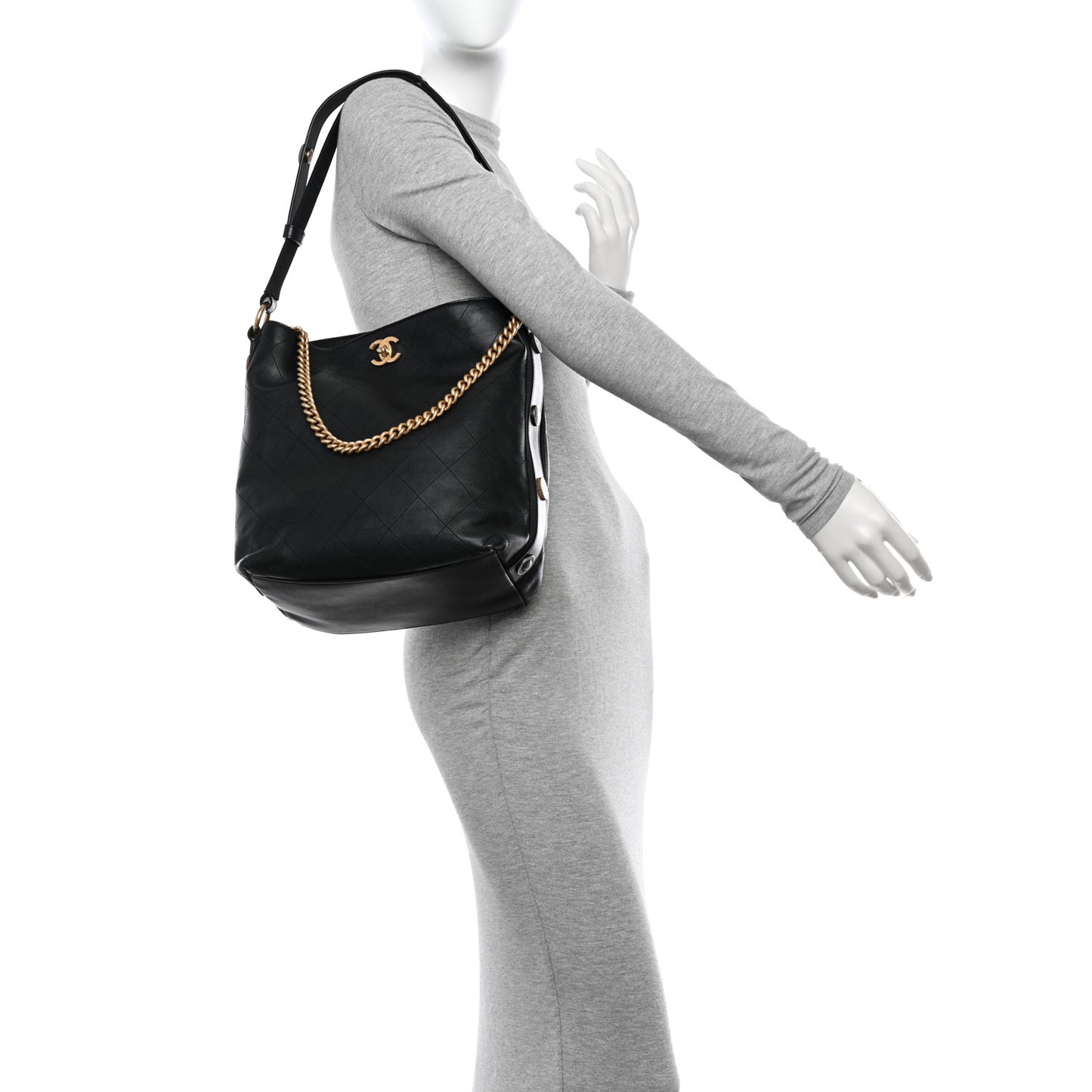 Calfskin Stitched Large Button Up Hobo Black