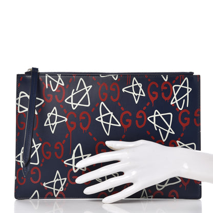 Gucci Calfskin GucciGhost Print Pouch Blue Agata Hibiscus Red 2 of 9