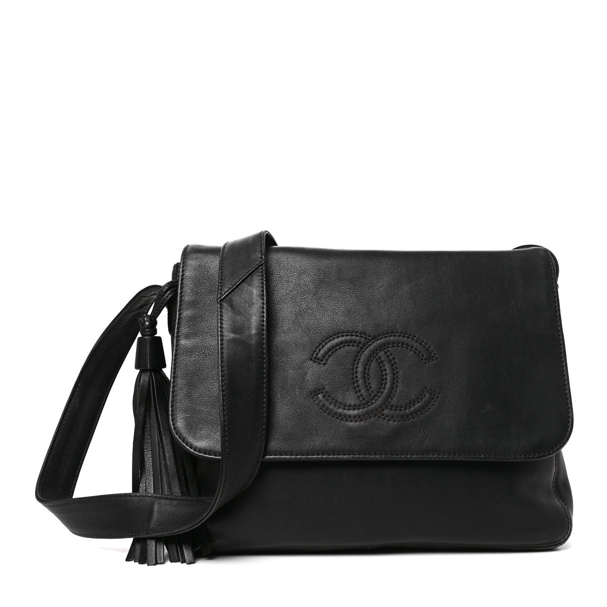 Lambskin CC Tassel Shoulder Flap Bag Black