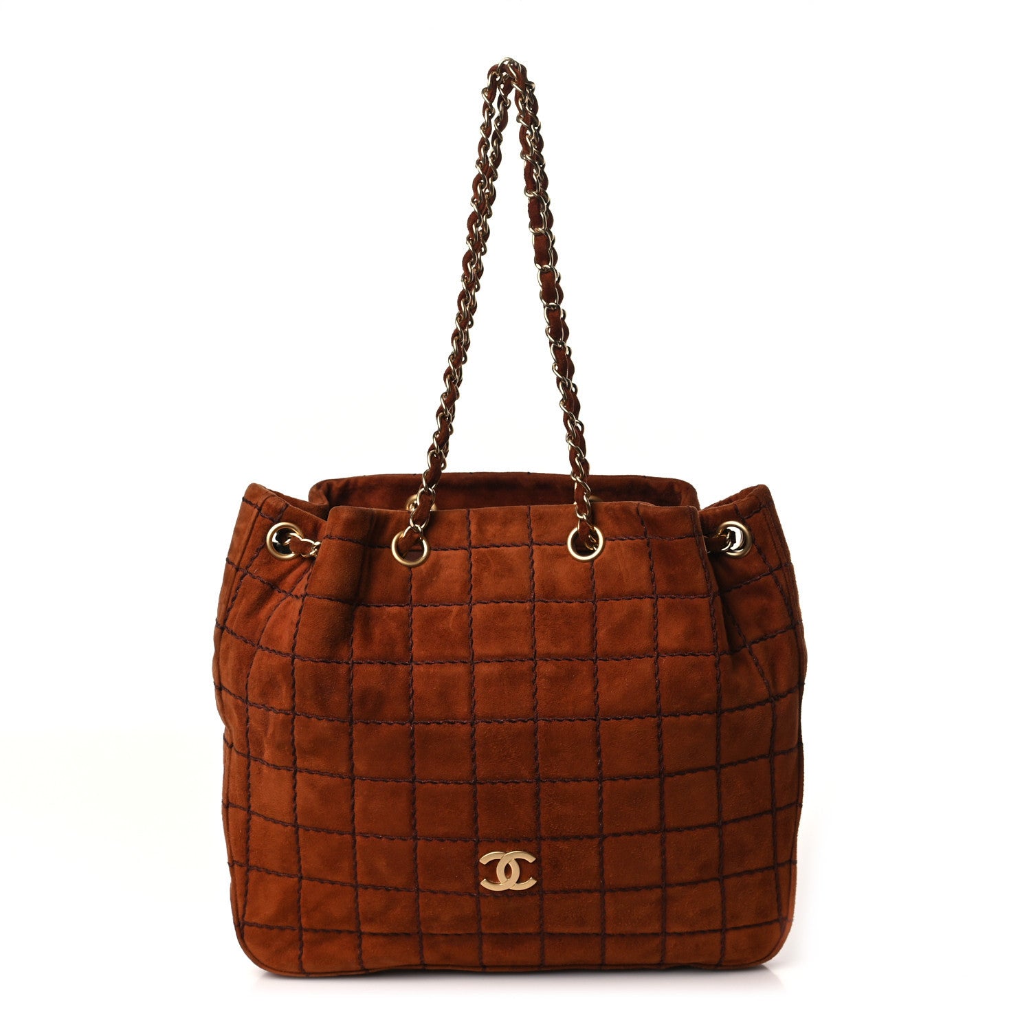 Chanel Suede Stitched Chocolate Bar Drawstring Tote Brown 1 of 8