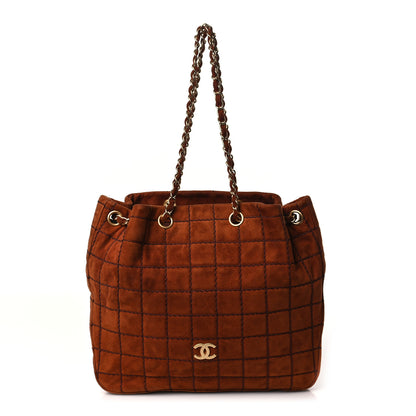 Chanel Suede Stitched Chocolate Bar Drawstring Tote Brown 1 of 8