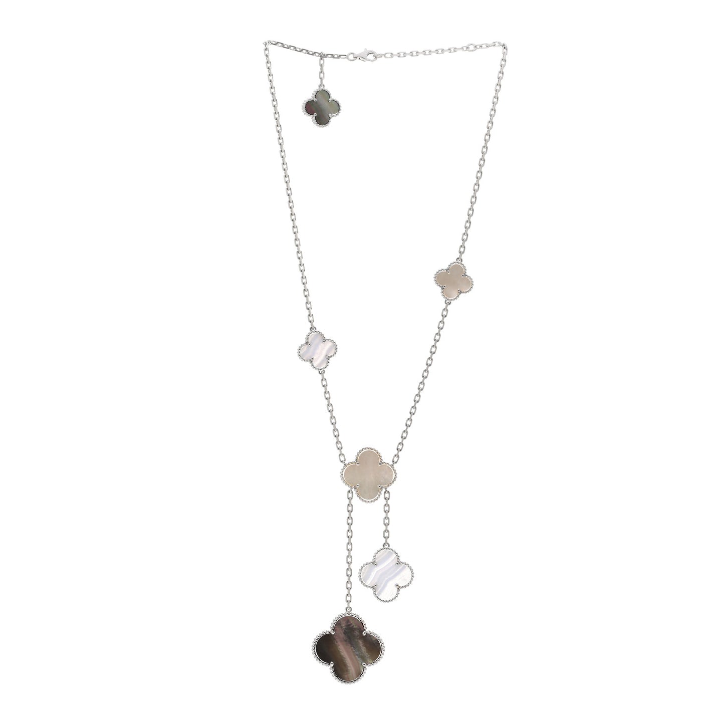 18K White Gold Mother of Pearl Chalcedony 6 Motifs Magic Alhambra Necklace