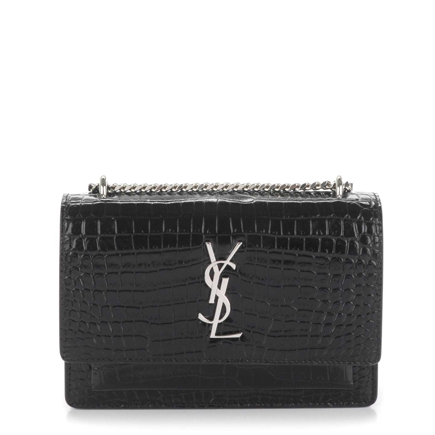 Calfskin Crocodile Embossed Monogram Sunset Chain Wallet Black