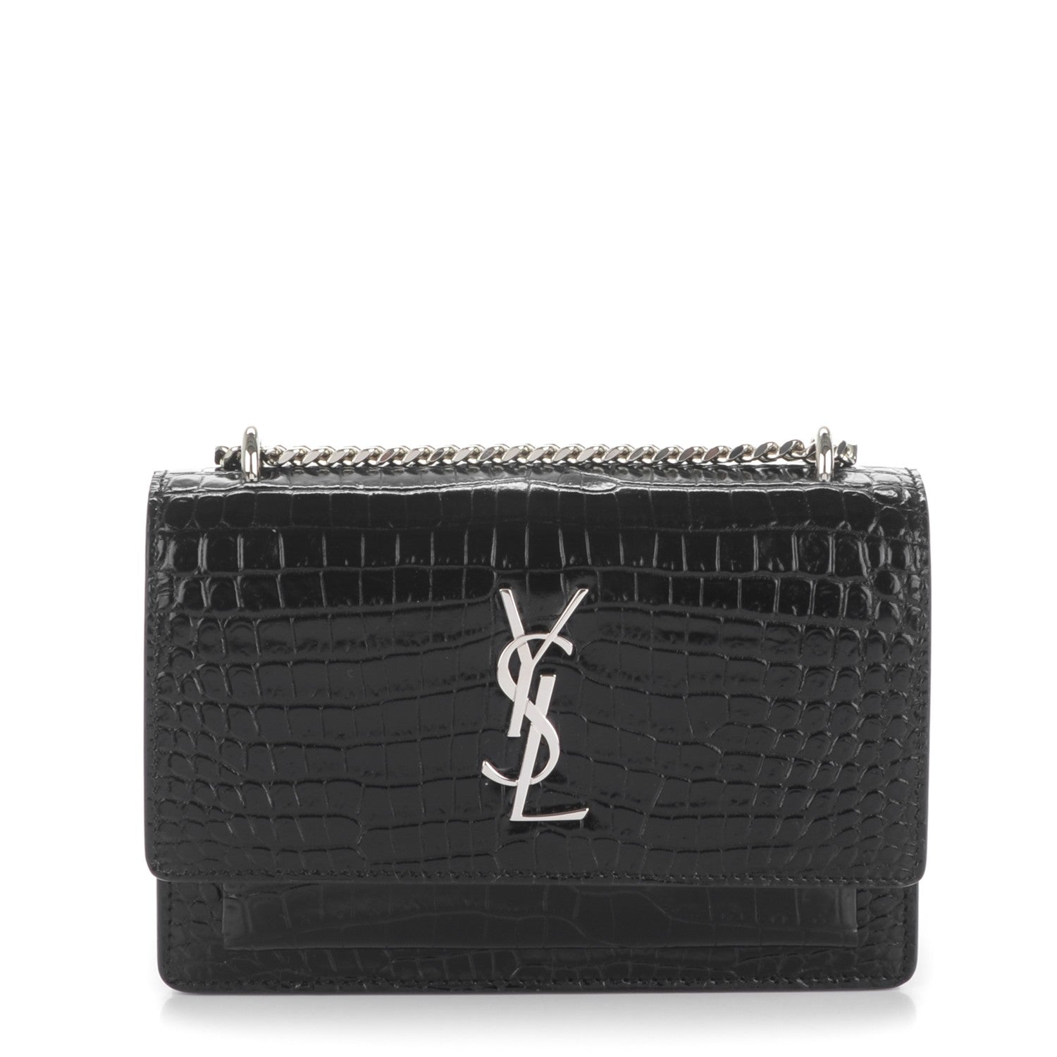 Saint Laurent Calfskin Crocodile Embossed Monogram Sunset Chain Wallet Black 1 of 7
