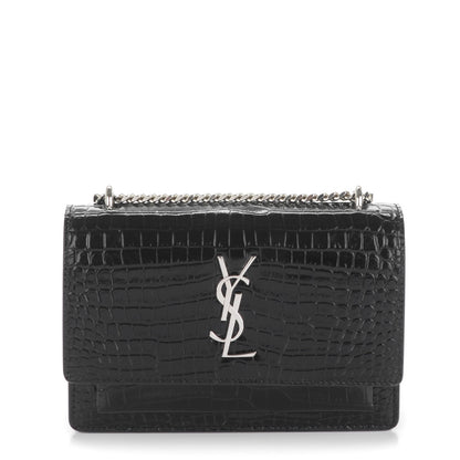 Saint Laurent Calfskin Crocodile Embossed Monogram Sunset Chain Wallet Black 1 of 7