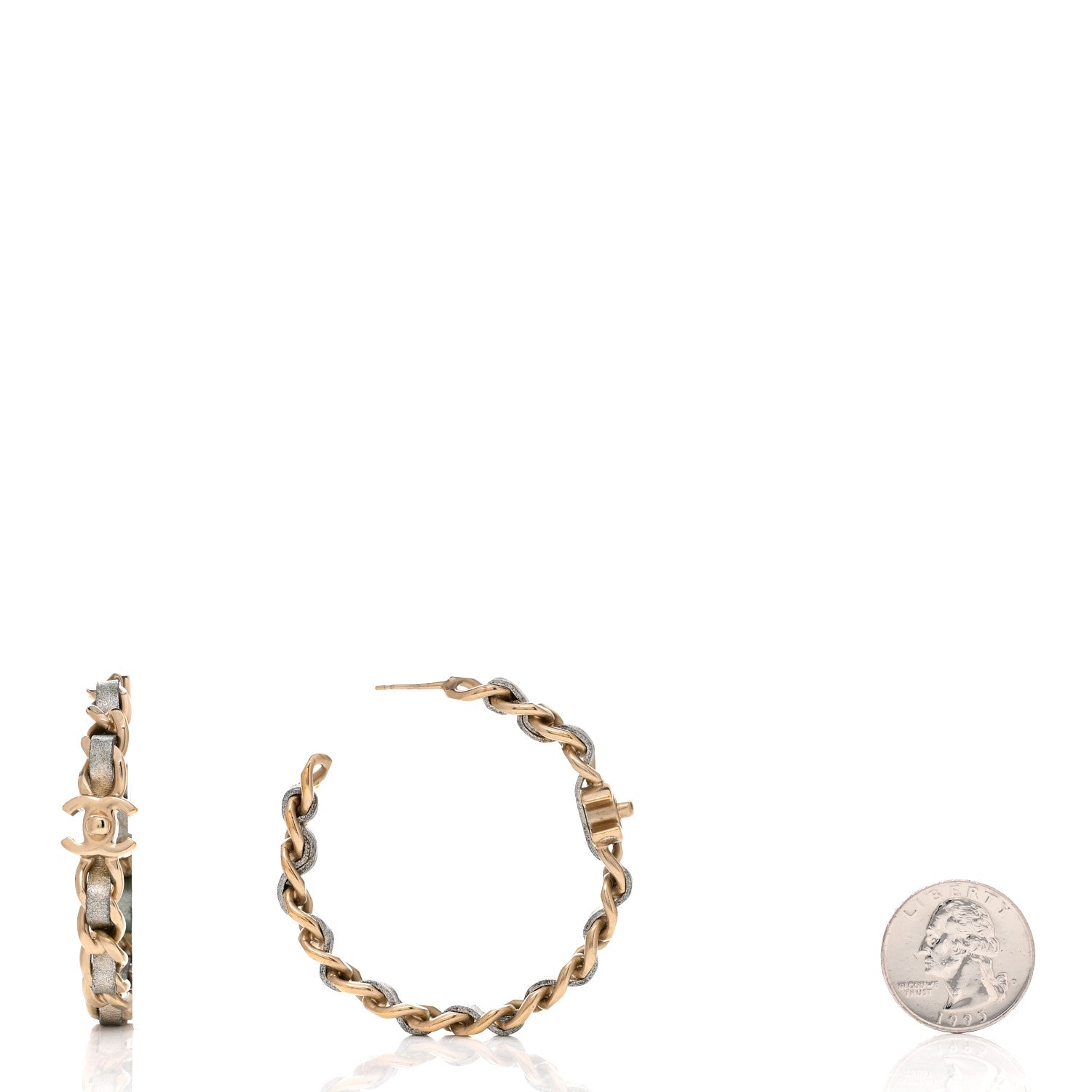Chanel Lambskin CC Turnlock Chain Hoop Earrings Matte Gold Silver 2 of 3