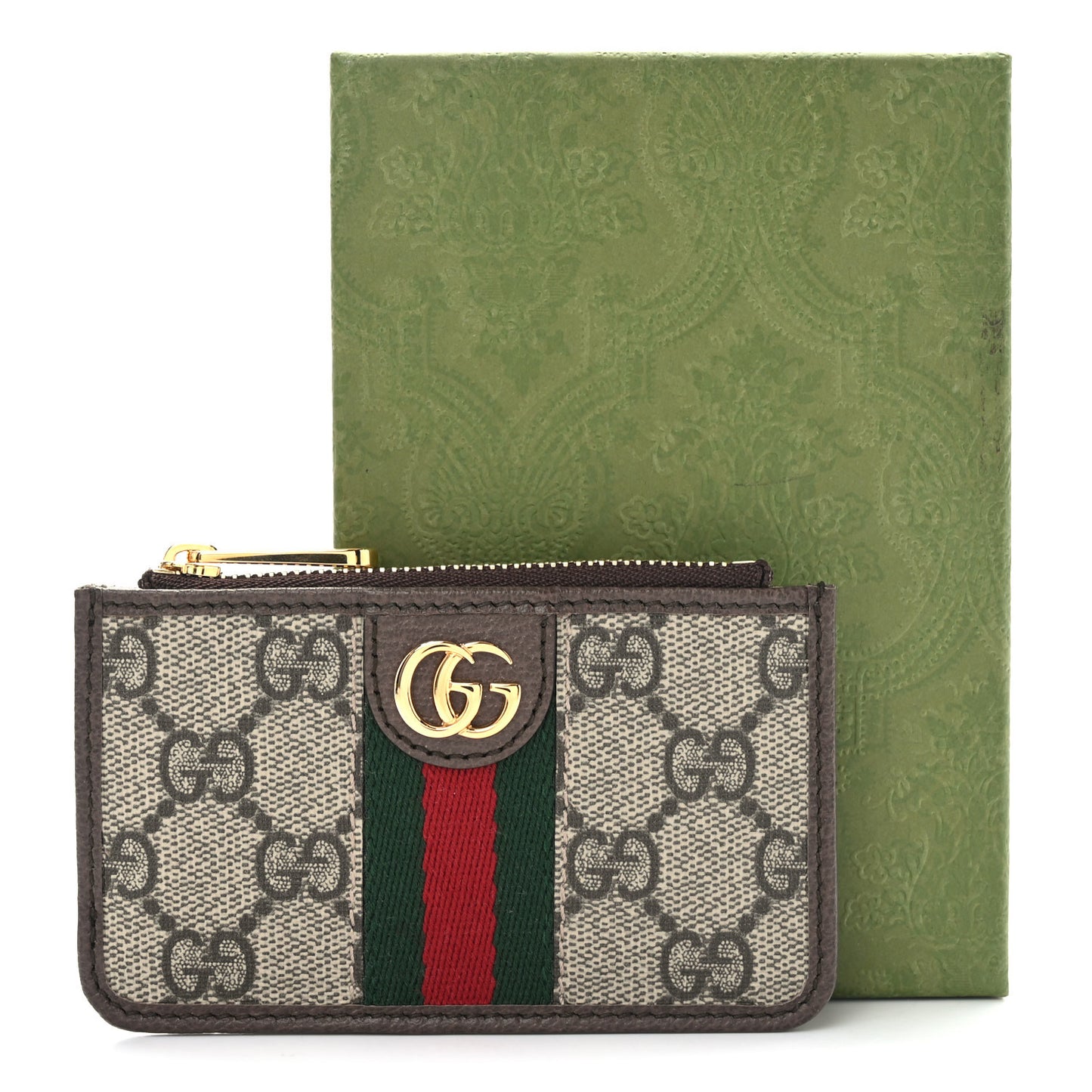 GG Supreme Monogram Web Ophidia Zip Card Case Brown