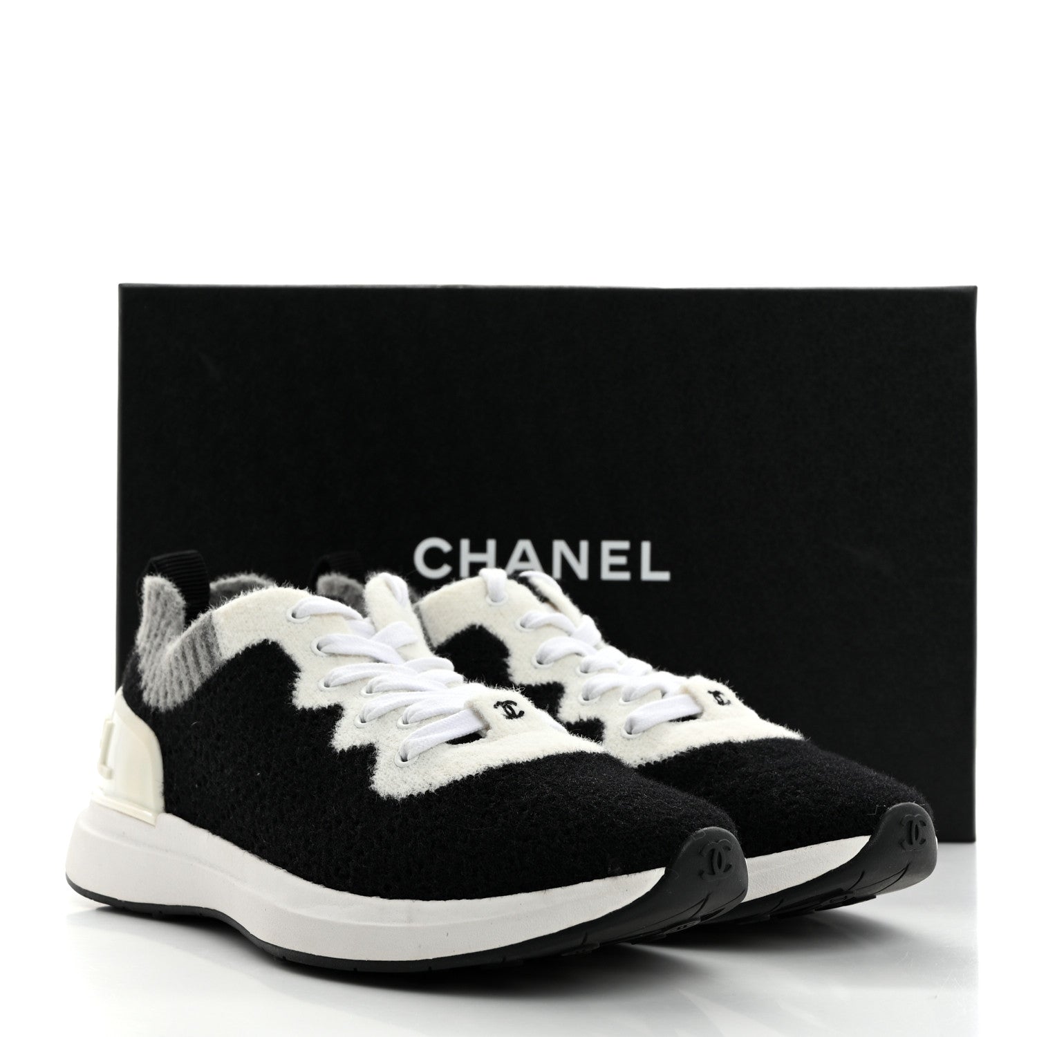 Chanel Mixed Fabrics Knit Sneakers 38 Black Grey White 9 of 9