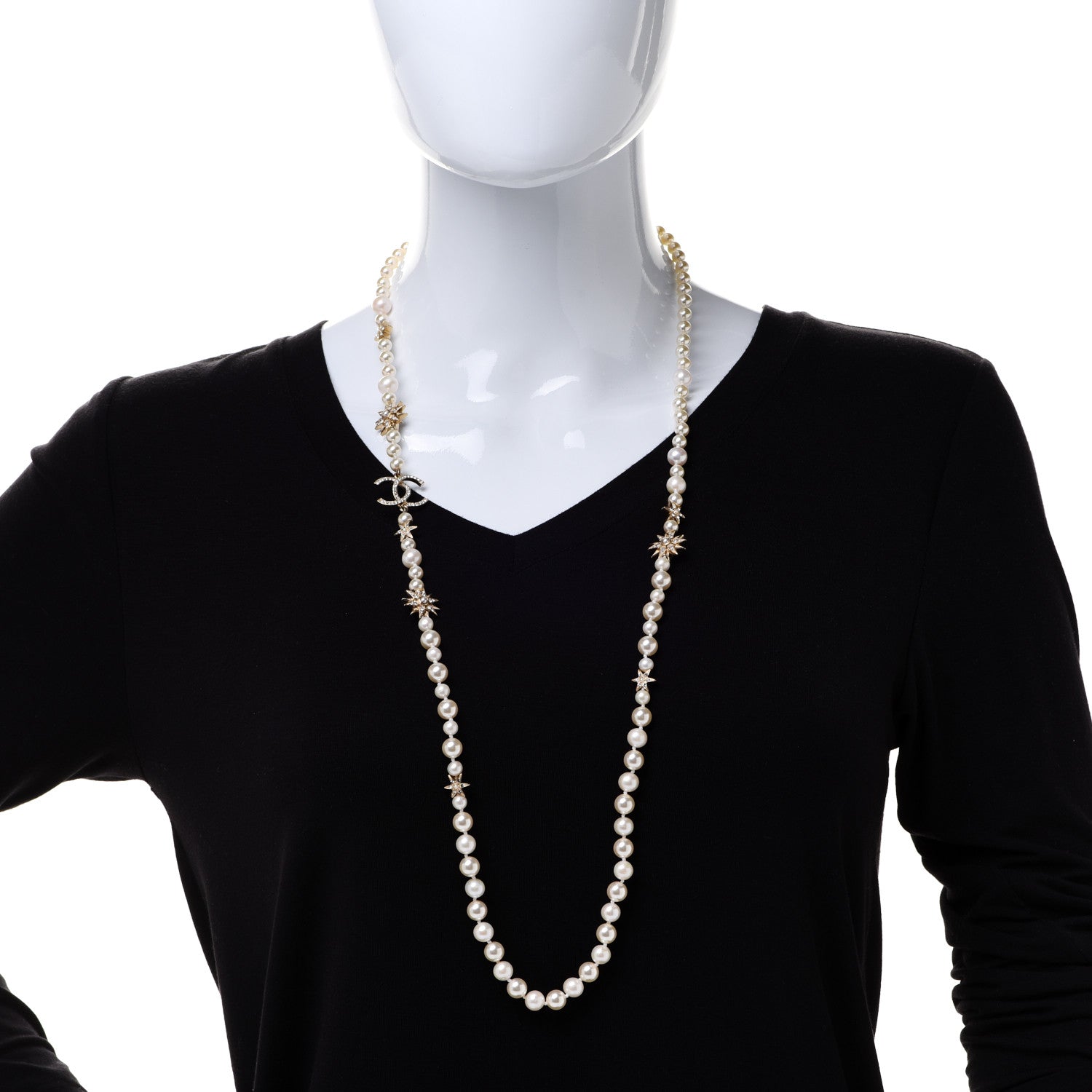 Chanel Pearl Crystal CC Star Long Necklace Gold 2 of 5