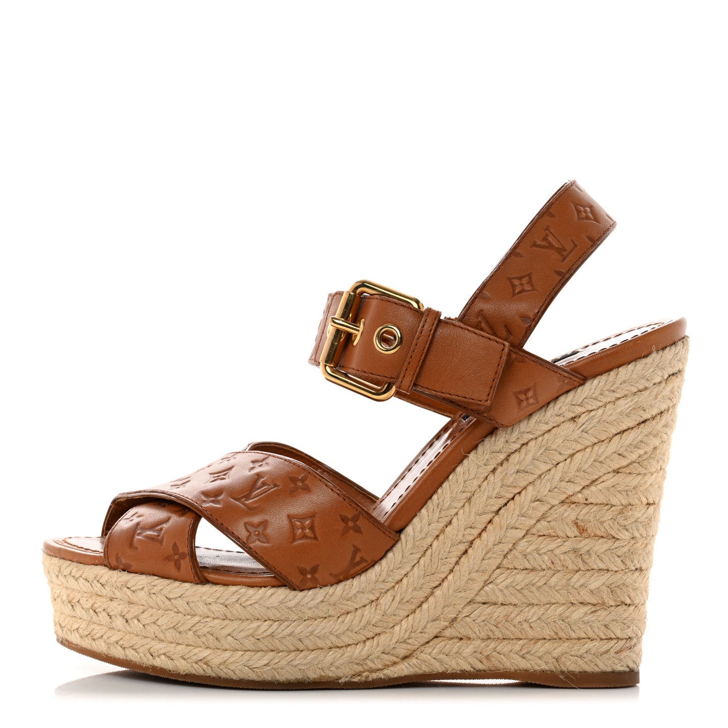 Calfskin Monogram Embossed Espadrille Wedge Sandals 35.5 Cognac
