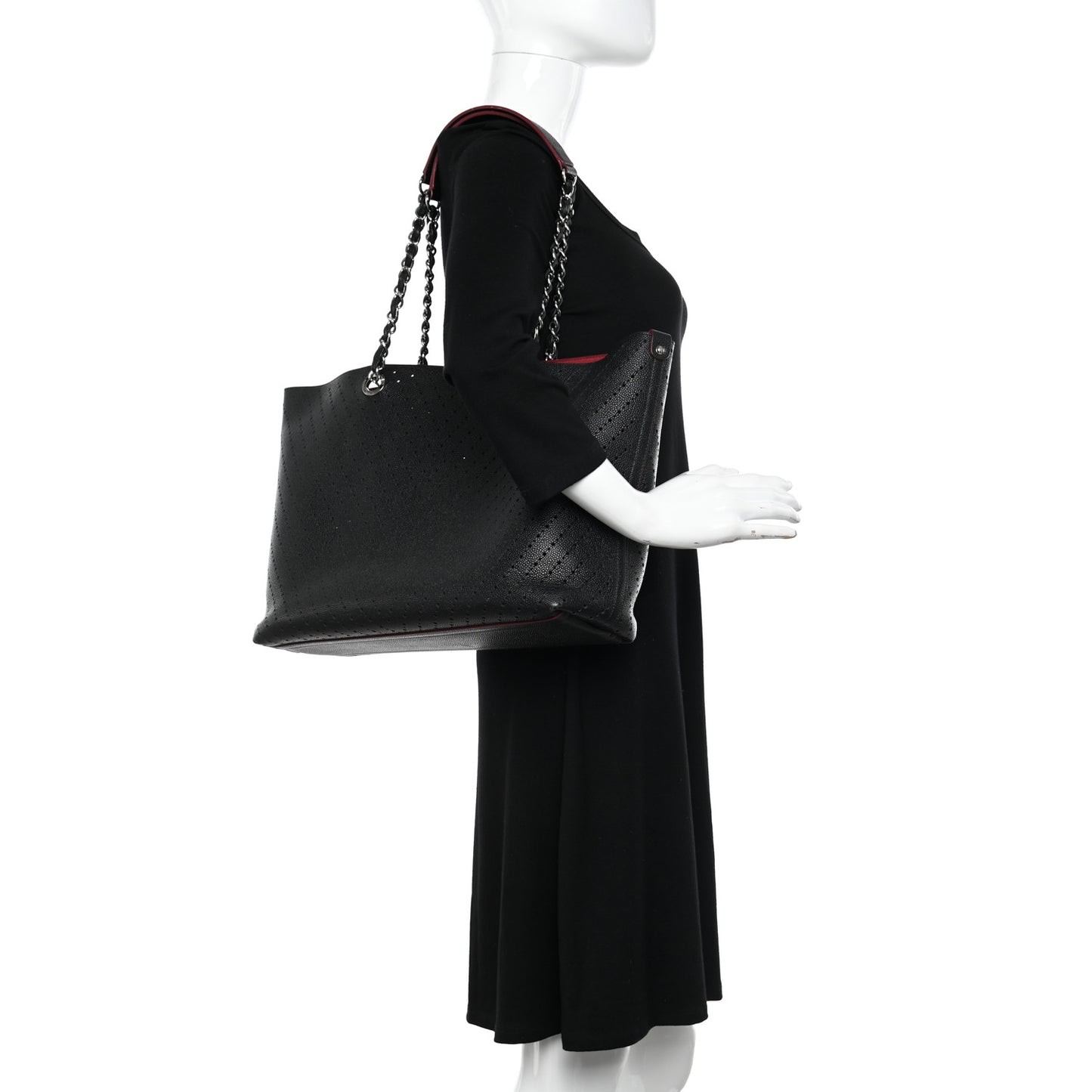 Perforated Grained Calfskin Large Shopping Tote Black