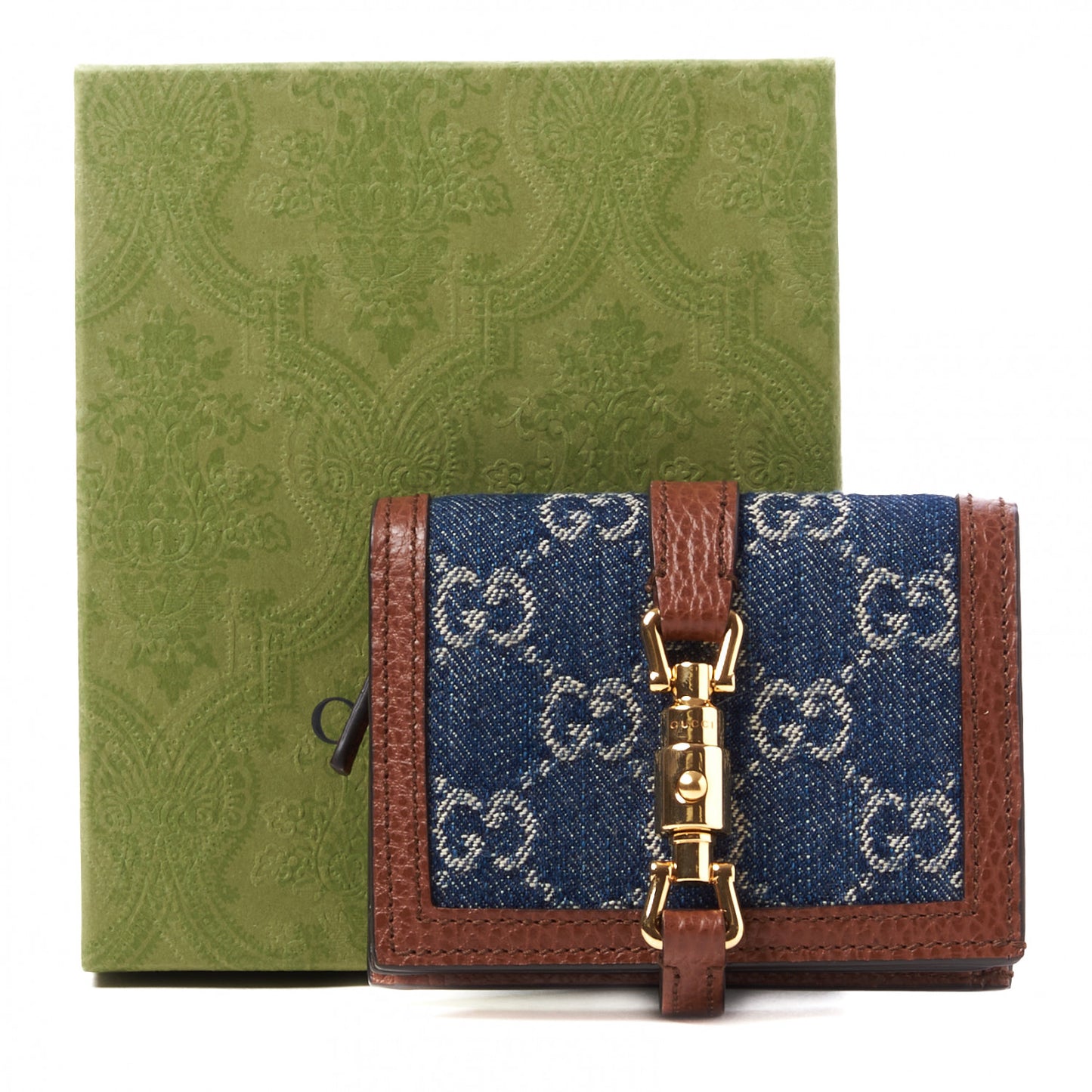 New Denim GG Monogram Jackie 1961 Card Case Blue Tea Cuir