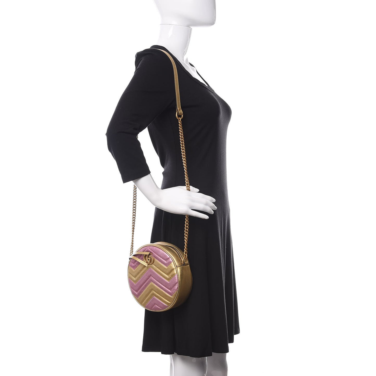 Metallic Calfskin Matelasse Mini GG Marmont Round Shoulder Bag Gold Pink