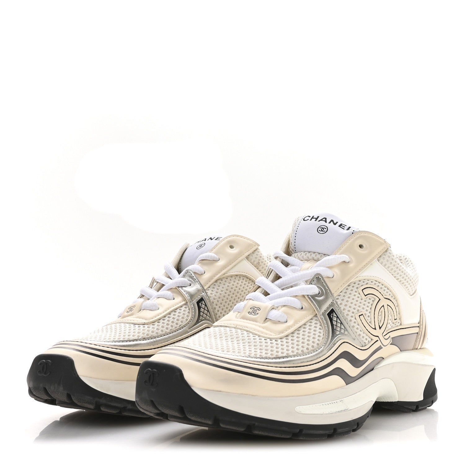 Chanel Fabric Laminated Calfskin Stretch CC Sneakers 37 Ivory White Silver 4 of 9