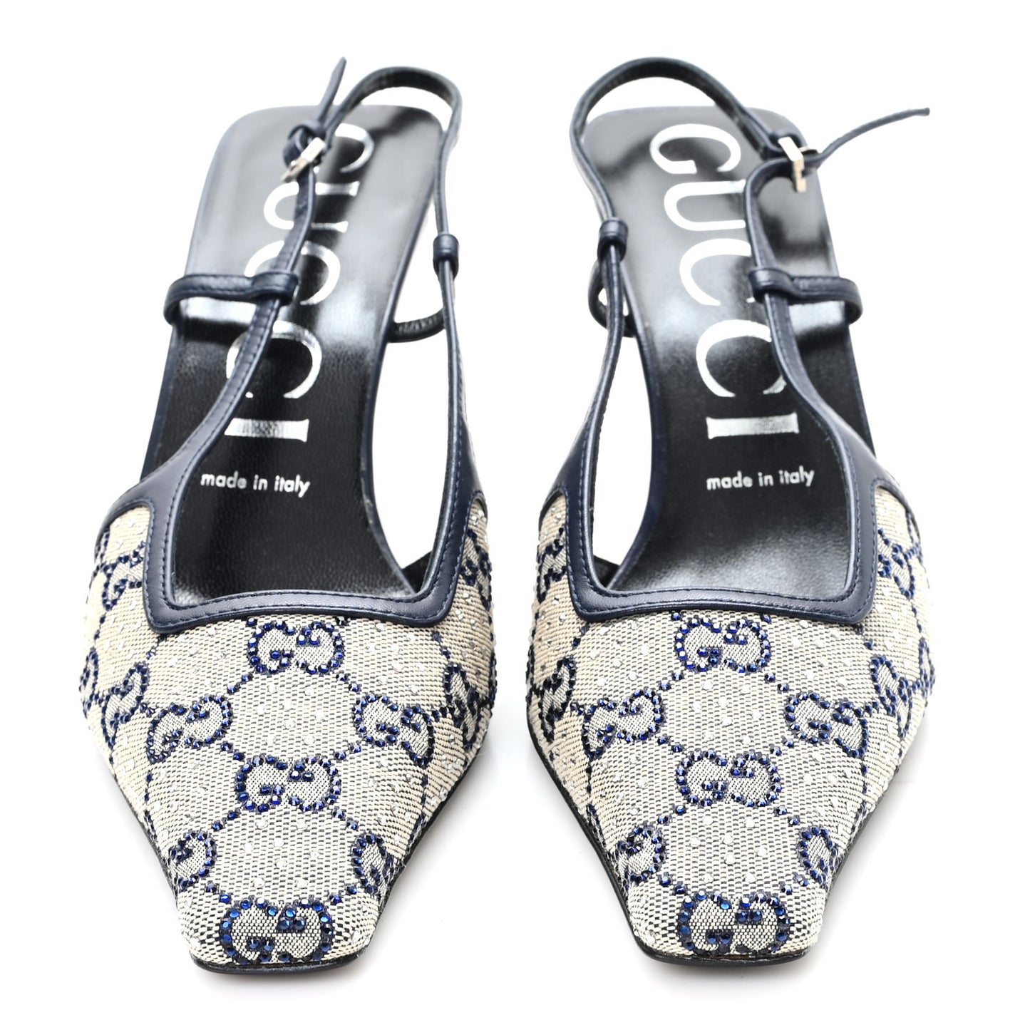 GG Monogram Malaga Kid Crystal Square G 75mm Slingback Pumps 38.5 Beige Blue